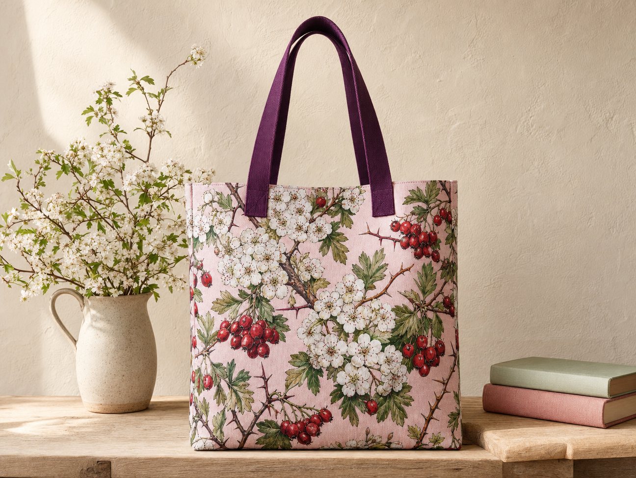 The Hawthorn in May printed canvas tote